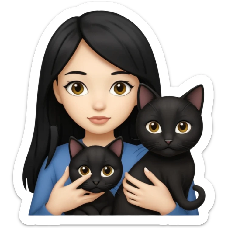 2 light skin tone girls with black straight hair holding 3 black cats sticker