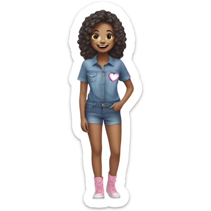 smiling girl in denim outfit tshirt color pink and blue and hearts love  sticker