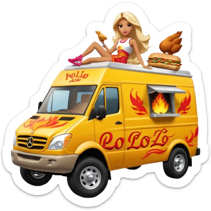 Hispanic pollo loco Barbie’s insanely flaming hot butt hurt burning chicken sandwich Extended length Sprinter 4500 van high roof off road rally delivery food truck capable of rock and desert racing  sticker