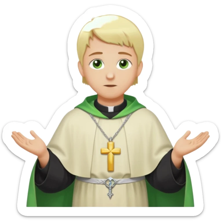 a priest, green eyes, blonde hair, light green chasuble (A wide, flowing, bell-shaped outer robe, without any religious symbols). opening arms, gazing thoughtfully. Soft light, subtle fern. Waist-up, profile. sticker