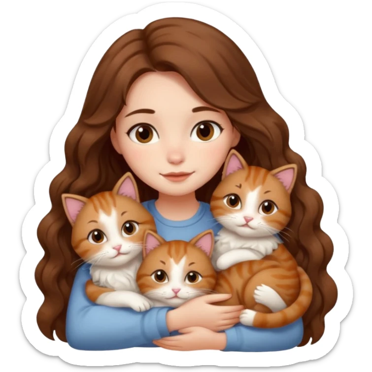 girl with long wavy brown hair cuddling with 6 cute cats sticker