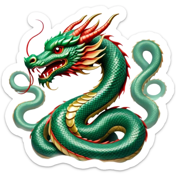 Cinematic Noble Chinese Serpent Dragon Portrait Emoji, Poised and majestic, with a sinuous, serpentine body adorned in intricately detailed scales of shimmering jade and soft vermilion, accented by delicate cloud motifs and subtle water ripple patterns; rendered with lifelike texture and gentle natural highlights, high shine, wise and enigmatic, styled with an aura of ancient dynastic grace, focused and regal, soft glowing outline, capturing the essence of a revered celestial dragon that appears ready to glide gracefully through the mists of time! sticker