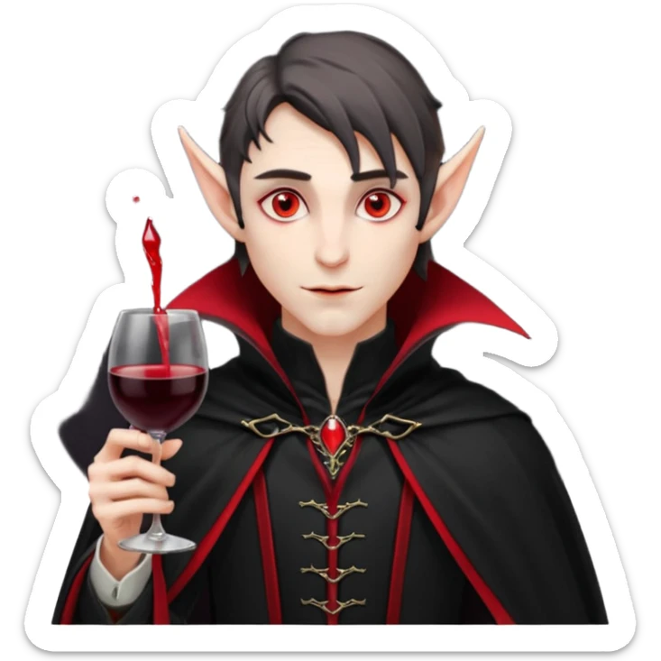 male elf vampire emoji, pale skin, red glowing eyes, long pointed ears, black high-collared cloak with red lining, holding a wine glass filled with red liquid, elegant Halloween fantasy look, smooth Apple emoji style, clean white background, square image sticker