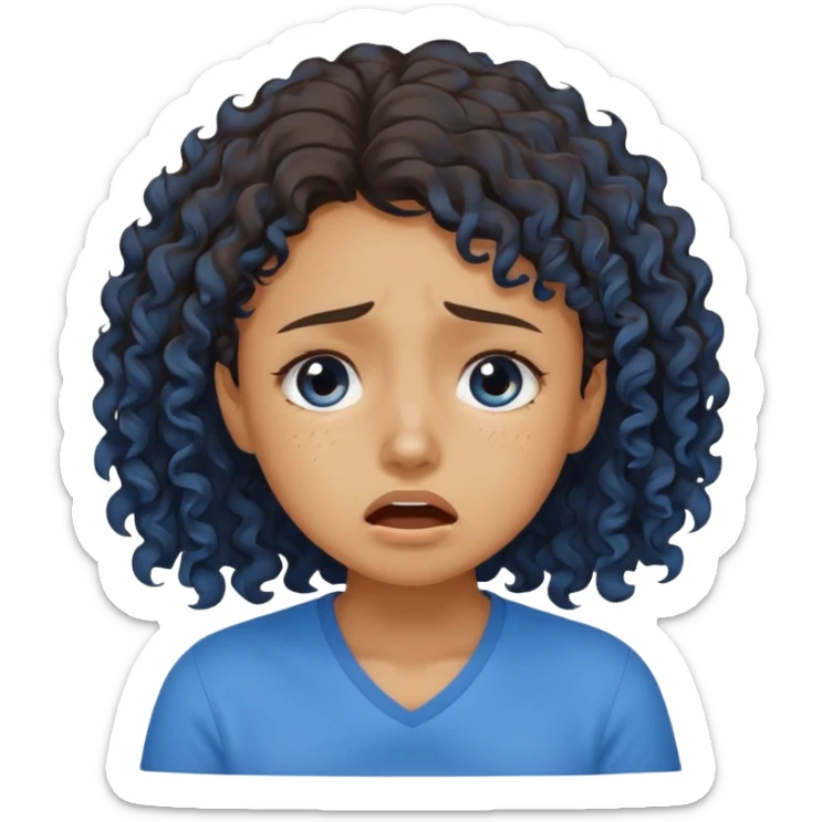 white young curly hair girl, brown hair, with a blue shirt, in despair crying sticker