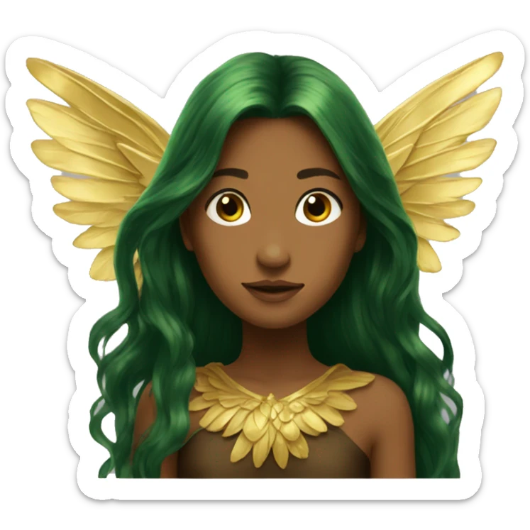 big wings, Beautiful, fairy, gold, brown, dark green, green, long hair sticker
