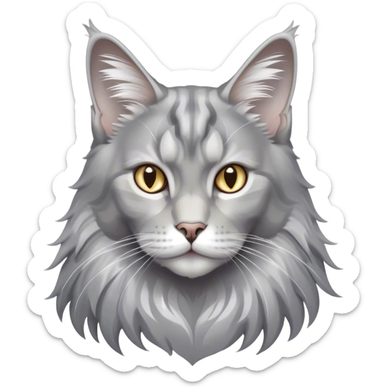 Cinematic Grey Maine Coon Cat Portrait Emoji, Elegant and alert, sleek grey, silver, and white tones, Simplified yet sharp features, highly detailed, glowing with a cool, confident glow, high shine, intelligent and poised, stylized with an air of grace, focused and attentive, soft glowing outline, capturing the essence of strength and sophistication, so lifelike it feels as though it could spring into motion with its majestic tail swishing at any moment! sticker