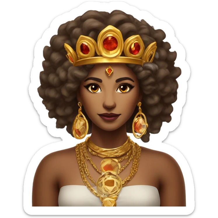 Create an emoji of a confident woman with voluminous lion-like hair, bold makeup, and gold jewelry, embodying the Leo zodiac sign with a regal expression and fiery energy. And a headgear of Leo sign sticker