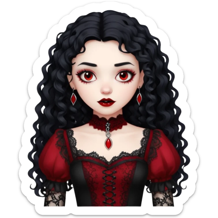 A girl with a red goth vampire look in a blck and red goth lace dress long black curly hair  sticker