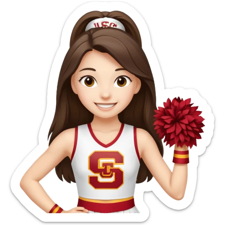 skinny white happy long haired brunette girl in a white USC cheerleader outfit with the letters USC sticker