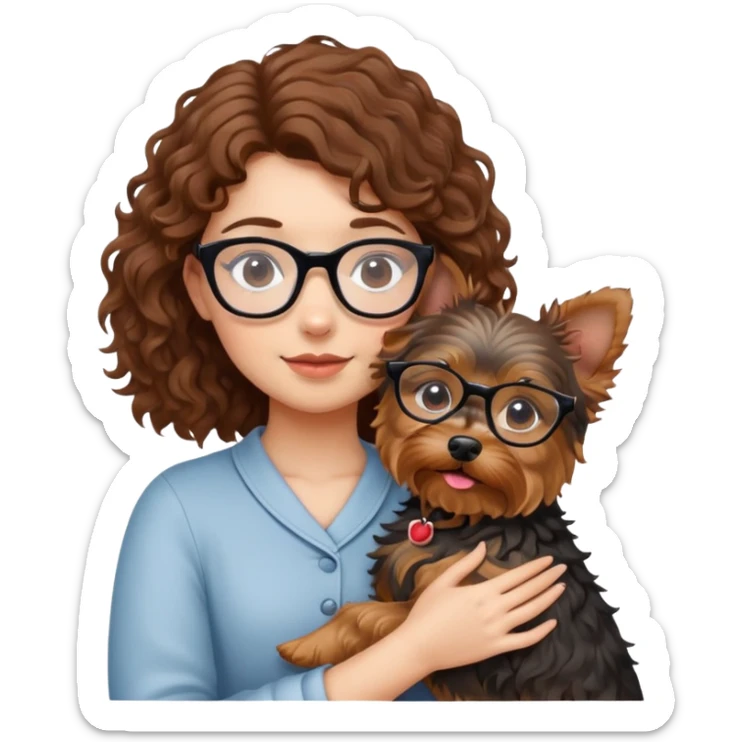 Girl with brown curly hair and glasses hugging a yorkshire terrier dog sticker