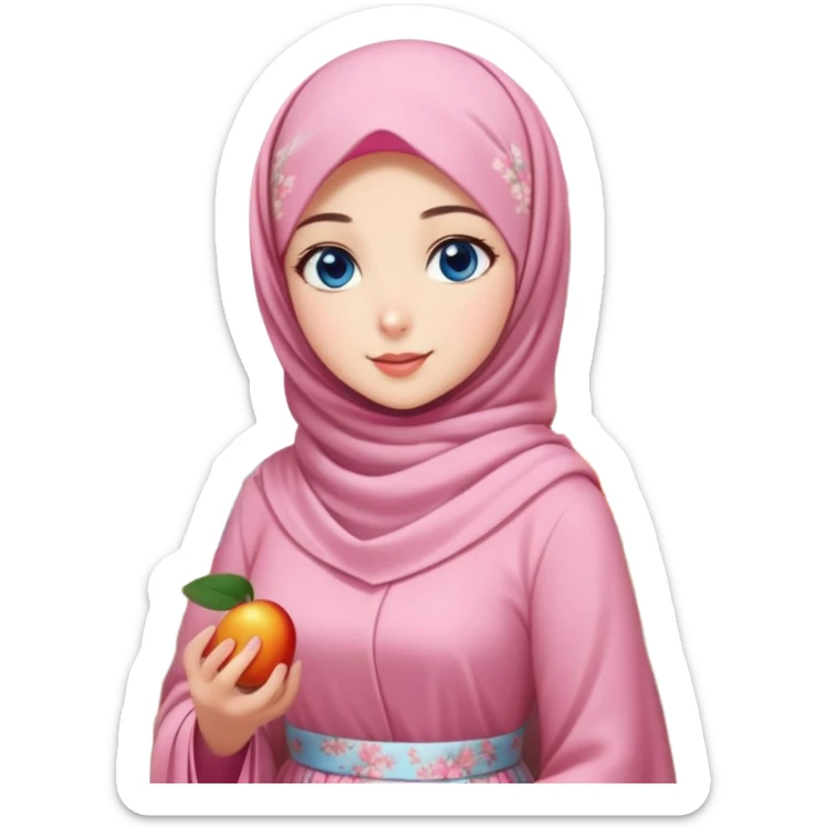 Turkish beautiful finish Konya girls blue eyes with lovely cherry blossom hijab long tail dress and the friends shopping in a market fruits sticker