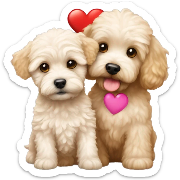 Maltipoo and a golden doodle puppy together with a heart sticker