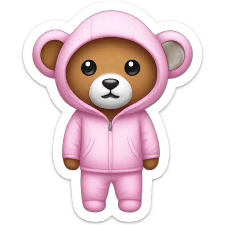 Un oso de peluche rosado con un pijama y un gorro blanco y muy delgado sticker