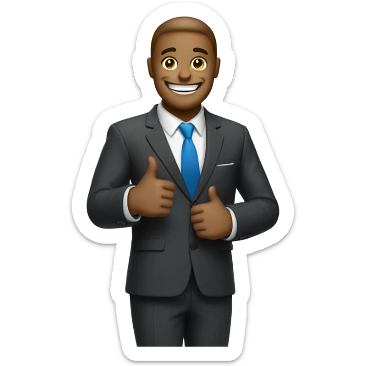 An emoji with a big smile giving a thumbs up, perhaps holding a pen or wearing a business suit. sticker