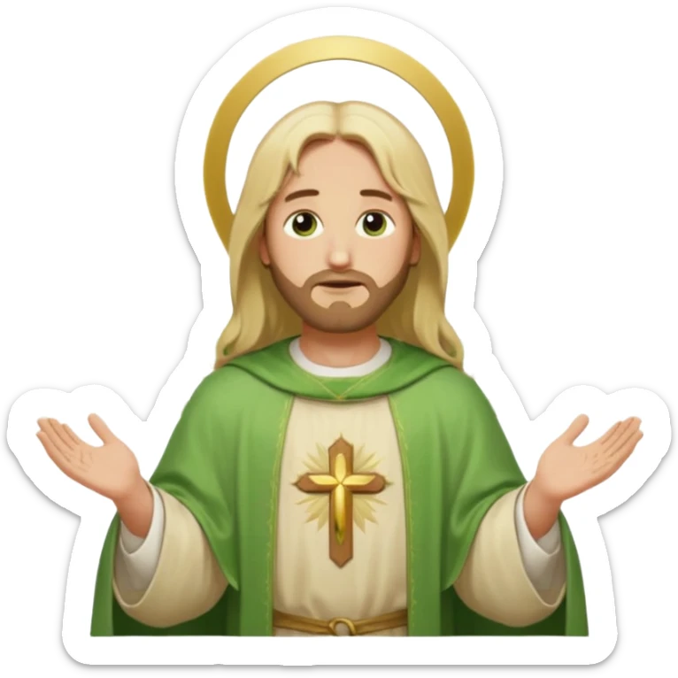 Jesus, green eyes, blonde hair, light green chasuble. opening arms, gazing thoughtfully. Soft light, subtle fern. Waist-up, profile. sticker