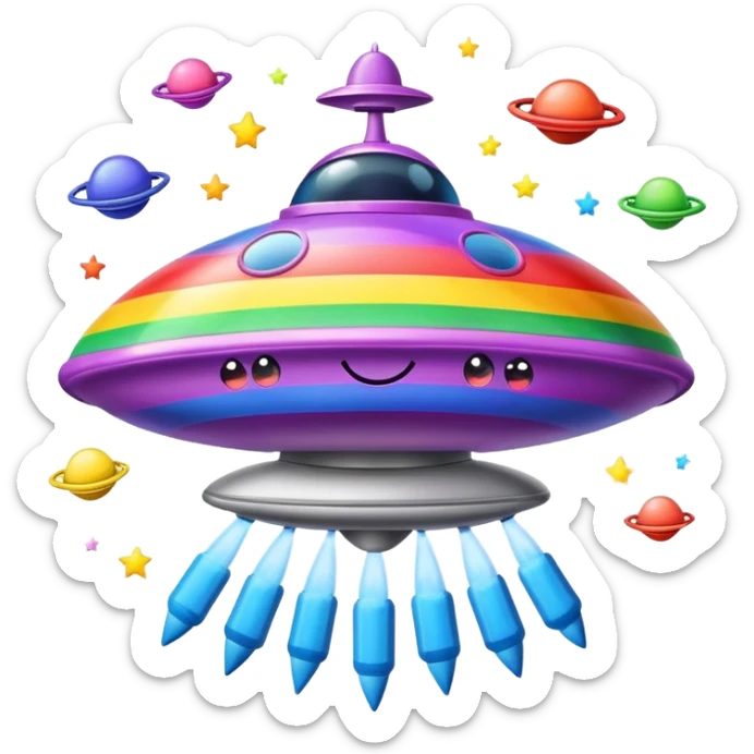 A colorful rainbow crayon character riding on top of a flying saucer UFO in space sticker