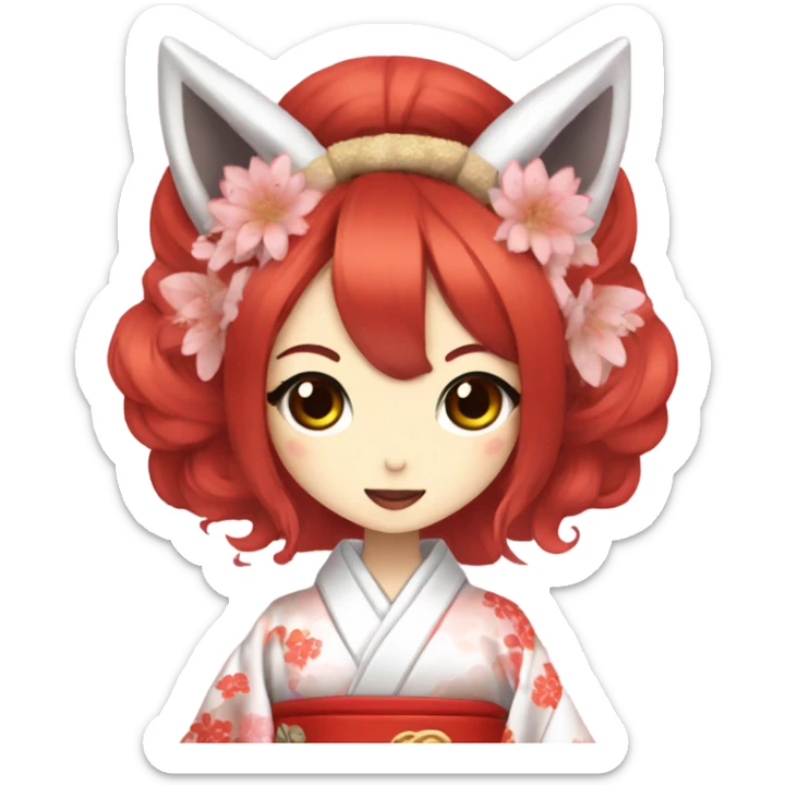 hime gyaru girl, kimono, red hair, kitsune mask sticker