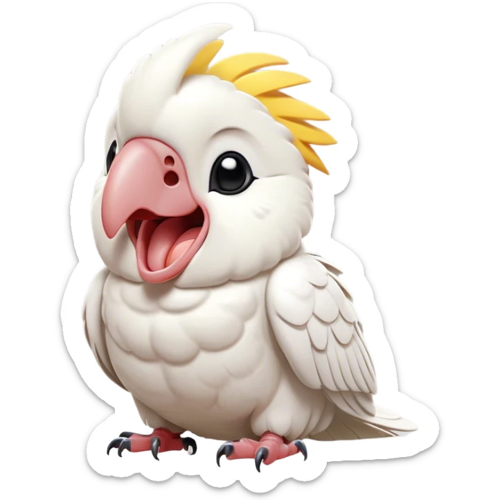 Cinematic Cute Yawning Cockatoo Portrait Emoji, Head tilted slightly with a dramatic, wide-open yawn, showcasing a plump, feathered body with a softly drooping crest and sleepy, half-closed eyes, Simplified yet irresistibly adorable features, highly detailed, glowing with a soft, cozy tropical glow, high shine, relaxed yet expressive, stylized with a dash of whimsical avian charm, soft glowing outline, capturing the essence of a drowsy yet affectionate cockatoo that appears ready to stretch out and yawn its way off the screen! sticker