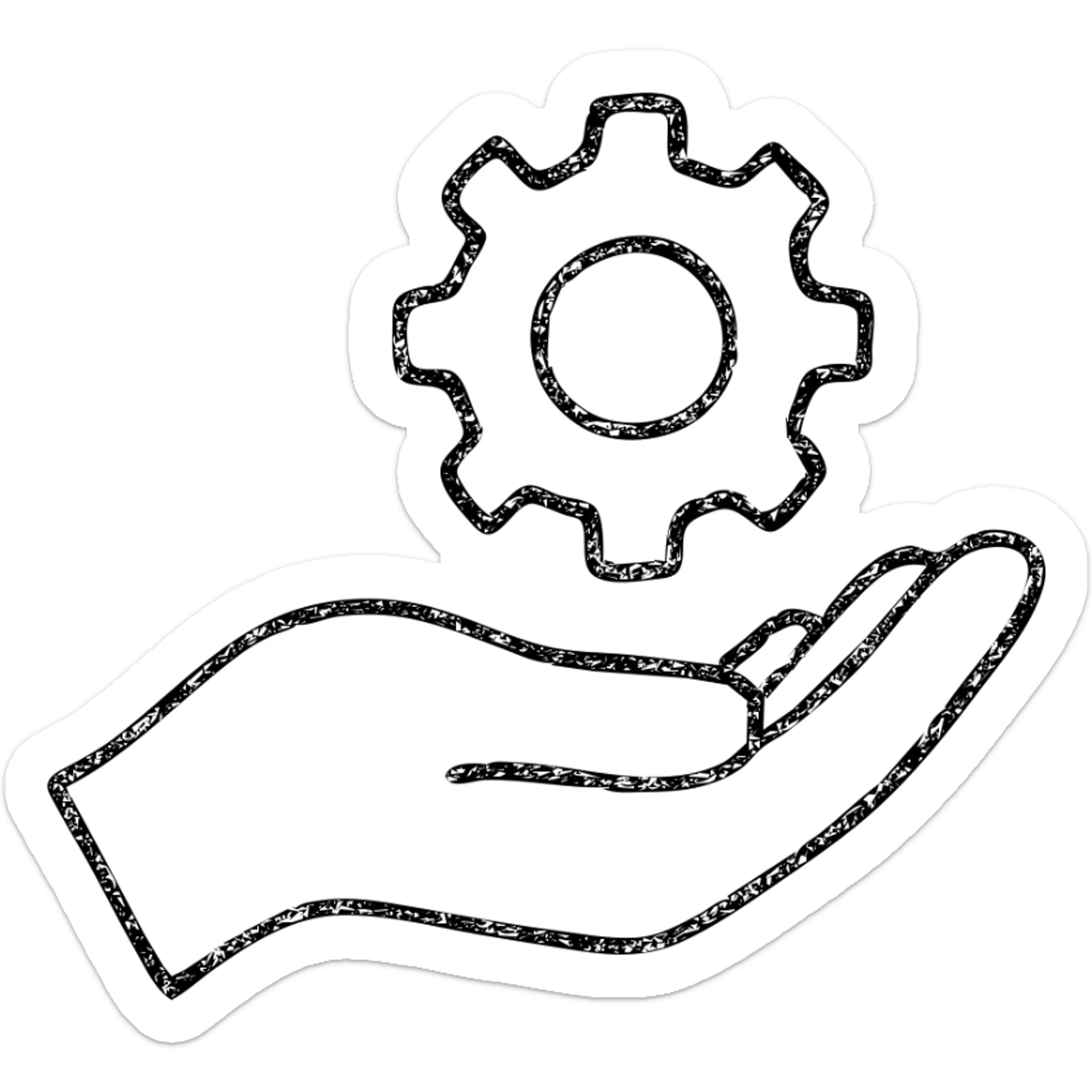 hand drawn outlined hand holding a cog icon sticker