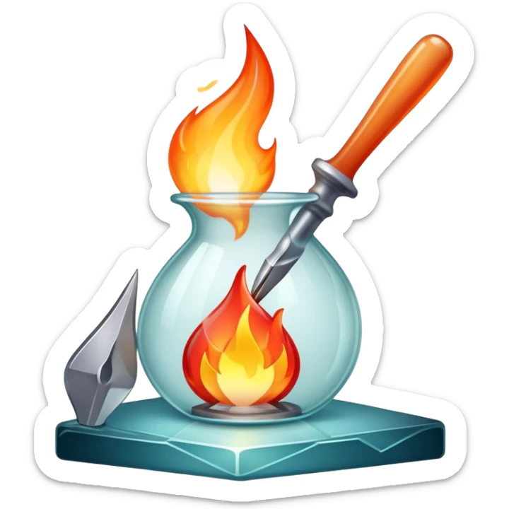Glassworking icon, piece of glass being shaped with tools, glass cutter, flame for glassblowing, smooth edges, sparkling texture, minimalistic style, clean lines, transparent background. sticker