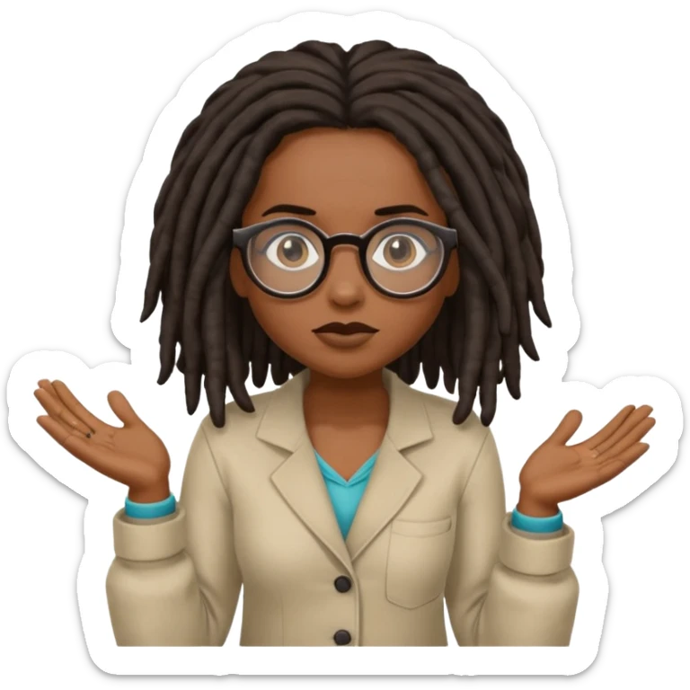 darker skin female with dark dreadlock hair wearing large round glasses shrugging her shoulders sticker