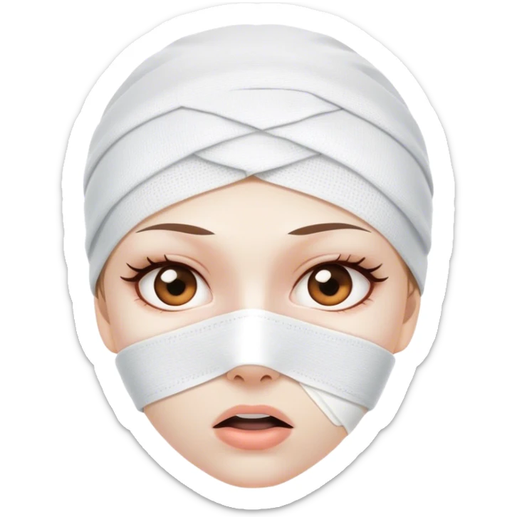  woman's face wrapped in white bandages after facial plastic surgery. Her eyes are wide open, expressing surprise and slight shock sticker