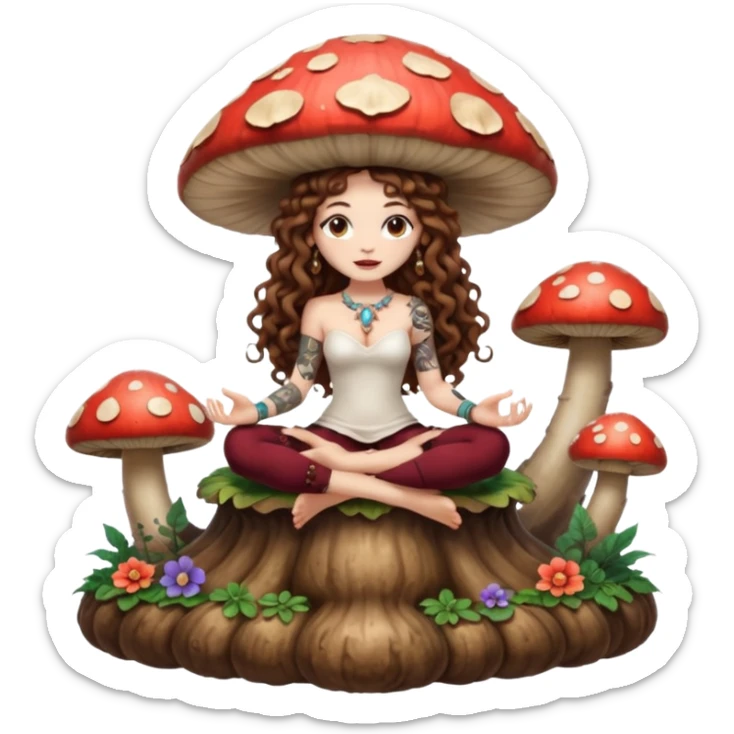 full body view of a woman with long curly brown hair, brown eyes, white skin, tattoos, sitting on a giant mushroom throne, legs crossed, mystical queen vibe sticker