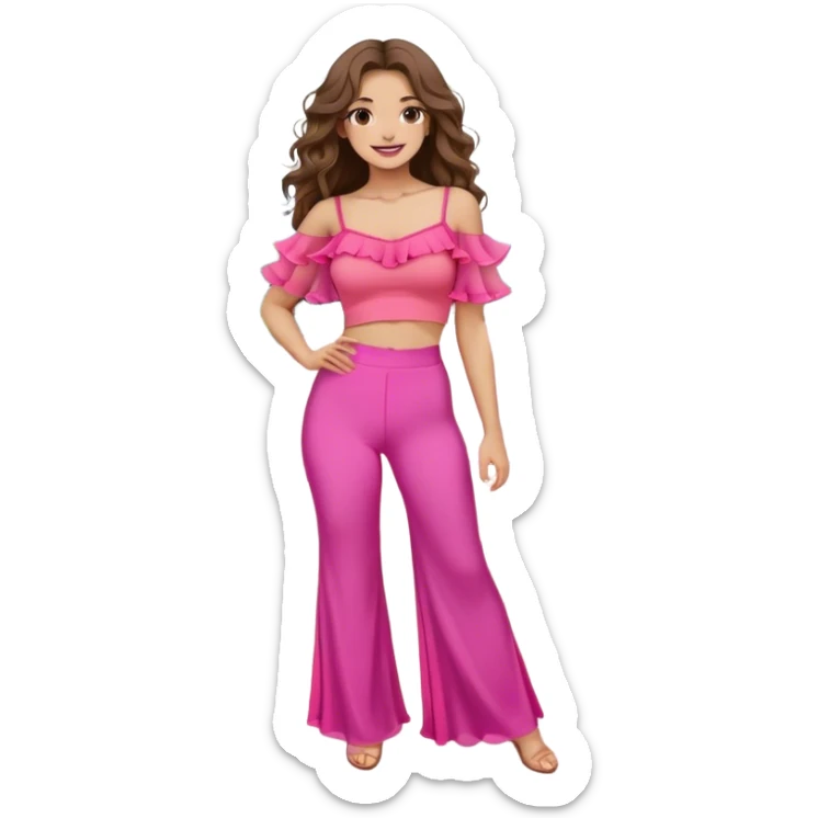 A young woman with long, wavy brown hair standing outdoors on a paved walkway, surrounded by green grass and modern architecture. She is wearing a vibrant pink crop top with dramatic sheer ruffled sleeves and high-waisted beige pants. The sunlight casts a warm glow on her face, and she has a gentle smile with a confident and relaxed posture. The background features a mix of classical and contemporary buildings, with trees adding a natural touch to the setting. sticker