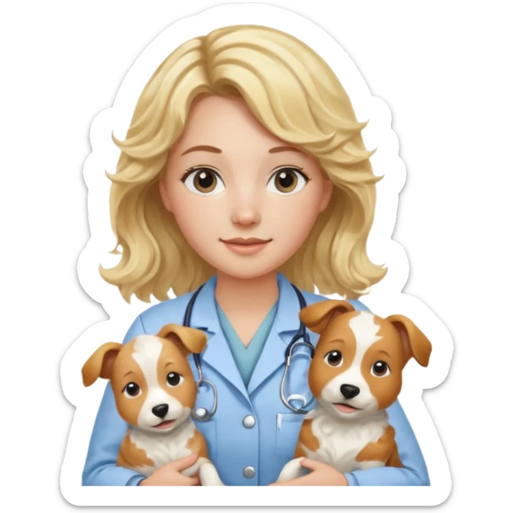 Joven mujer, de cabello bajo los hombros rubio con ondas, veterinaria de perros, vacas y caballos, con traje clínico celeste, sin delantal sticker