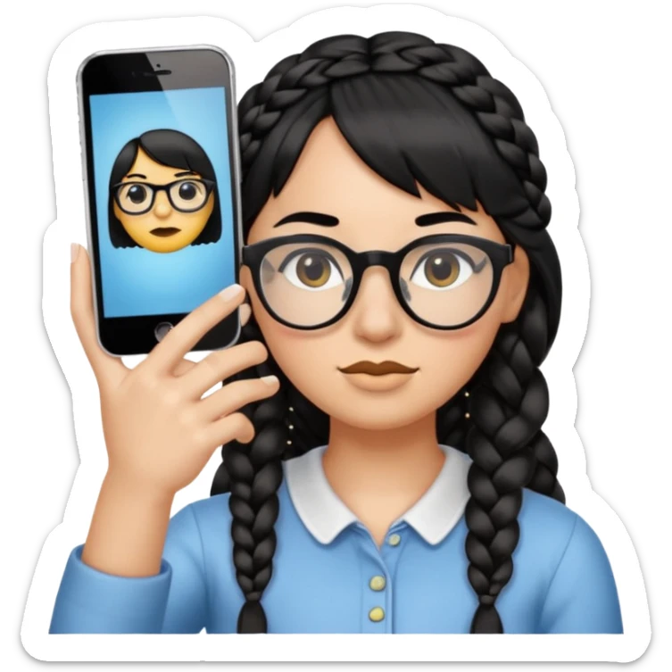 Black hair is braided to the left, bangs, horn-rimmed glasses, and only the eyes of the emoji taking a mirror selfie with iPhone white are visible, and the nose is covered with the iPhone sticker