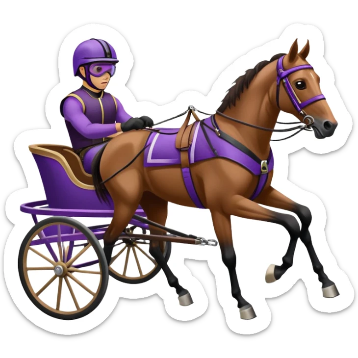 A brown harness racing horse. The sulky, a lightweight two-wheeled cart, is painted in black and attached to the horse’s harness. A driver, dressed in purple, is seated in the sulky not on the horse, wearing a purple helmet with goggles. sticker