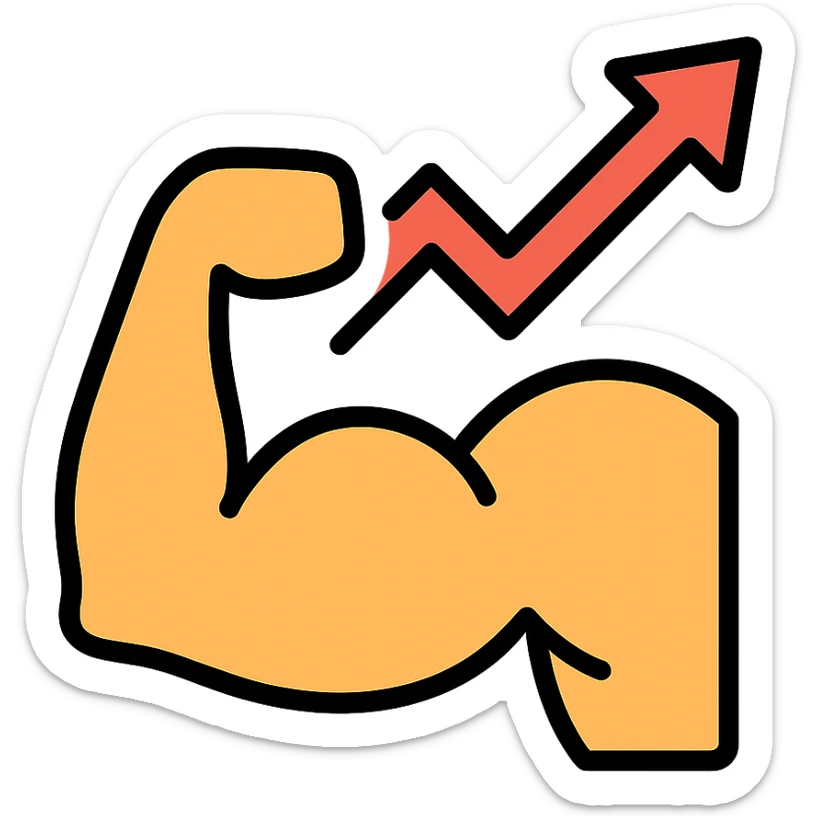 colored icon of a strong flexed arm with an upward and to the right graph arrow, symbolizing increasing strength sticker