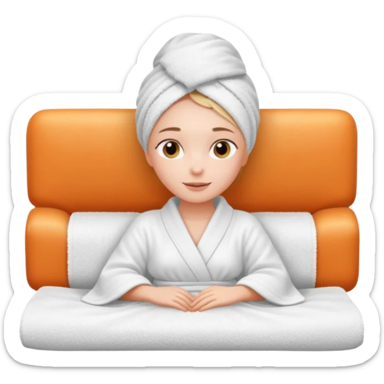 spa A contented and relaxed girl with a towel on her head in a white robe lies on a couch. The icon displays the couch and the girl in full three-quarter view. sticker