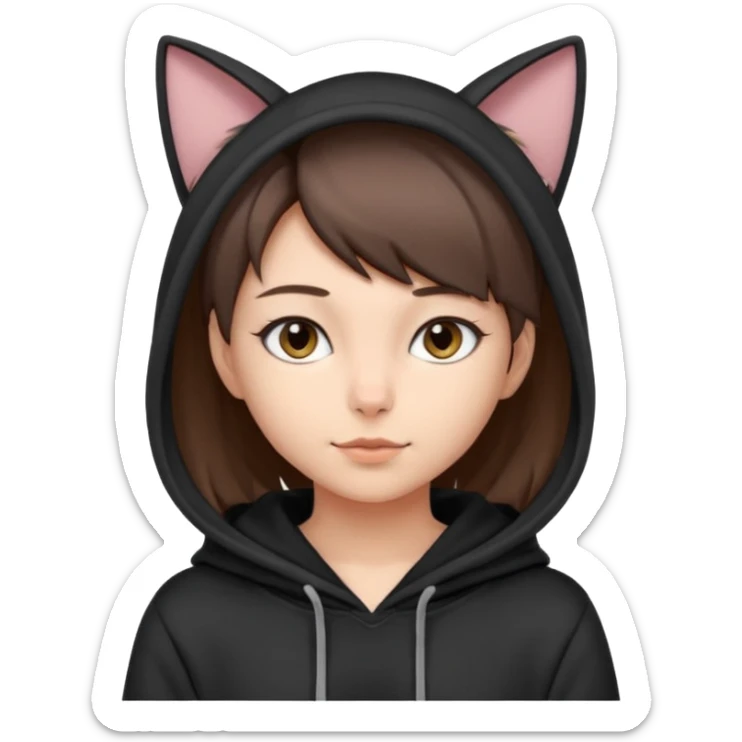 a girl with short brown hair, grey cat ears and a tail, with a black hoodie on  sticker