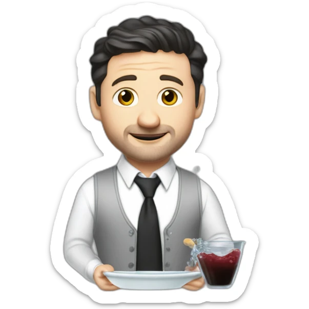 tim robinson dark black slicked back hair white long sleeve waffle shirt with a light grey vest pouring water on a steak -tie sticker