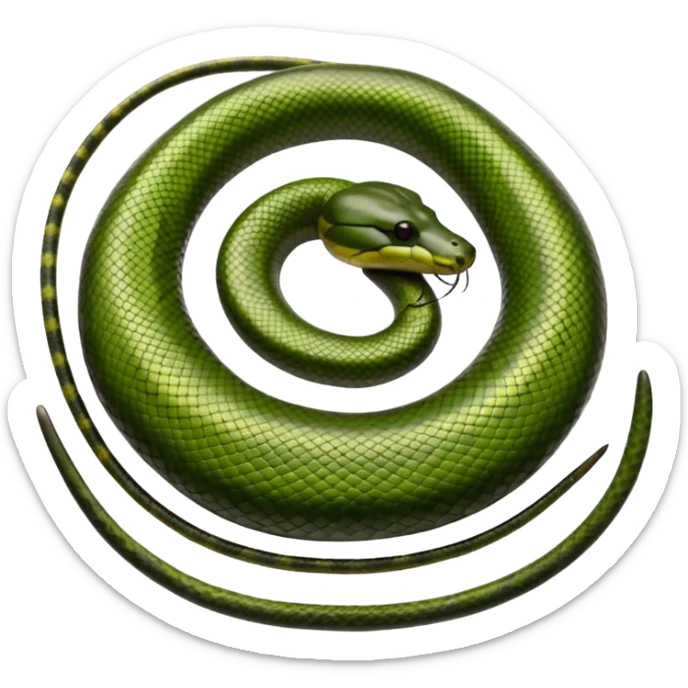 A photo-realistic top-down view of a Green Anaconda tightly coiled in a spiral, with its broad, flat head resting at the center. Its olive-green body is thick and muscular, patterned with symmetrical, bold black oval spots that flow along its smooth, glossy scales, that are camoflaged sticker