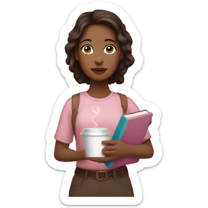 Brunette girl, light skin, holding a light pink Bible with a cross on the cover in one hand and a coffee in the other hand sticker