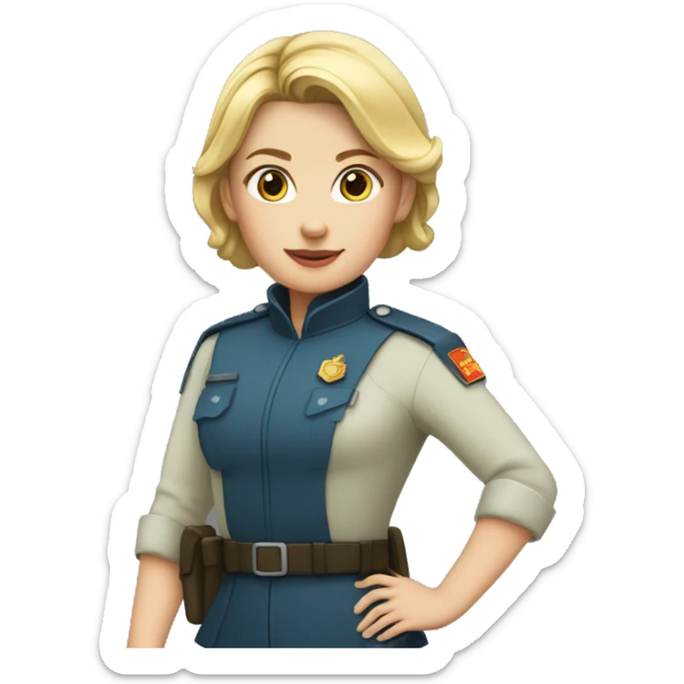White woman, young, with her hair gathered with a low bun, dressed as a civil guard sticker