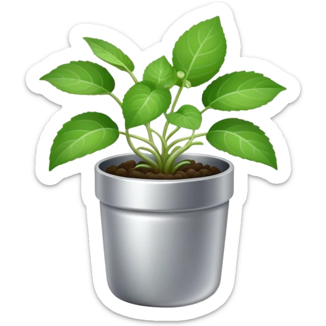 Young sprouts of Plectranthus Verticillatus with round circular leaves in a silver metallic pot sticker