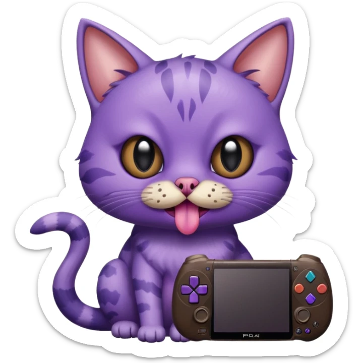 purple cat with huge eyes smelly lines and their massive brown tongue out also a playstation next to it and an ostrich on its back realistic sticker