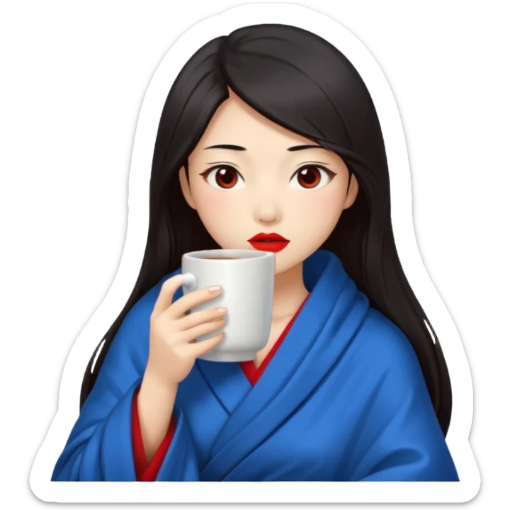 sexy asian japanese girl, red lips, long dark hair, feeling ill, sickness, nose is red due to sickness, fully covered by blanket - even head, holding tea mug in hands sticker