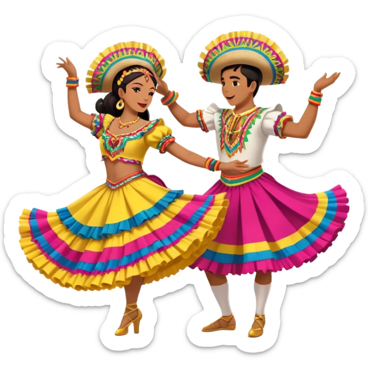 Cinematic Realistic scene of two dancers performing Cumbia, adorned in colorful traditional Colombian costumes with intricate details, captured in rhythmic motion with lively, festive lighting sticker