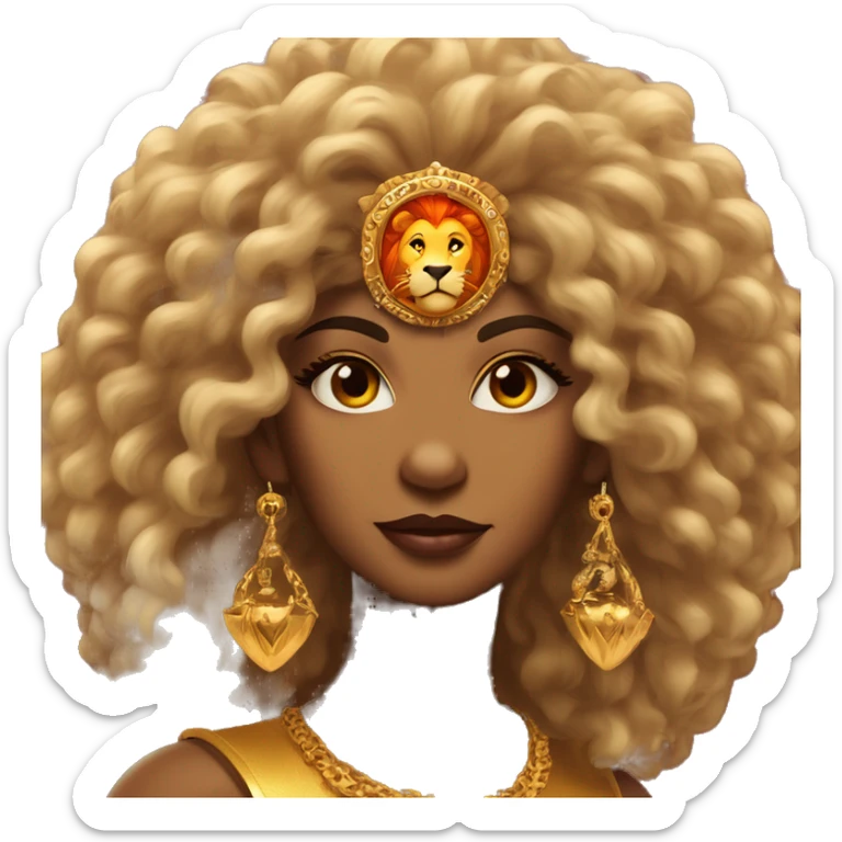 Create an emoji of a confident woman with voluminous lion-like hair, bold makeup, and gold jewelry, embodying the Leo zodiac sign with a regal expression and fiery energy. And a headgear of Leo sign sticker