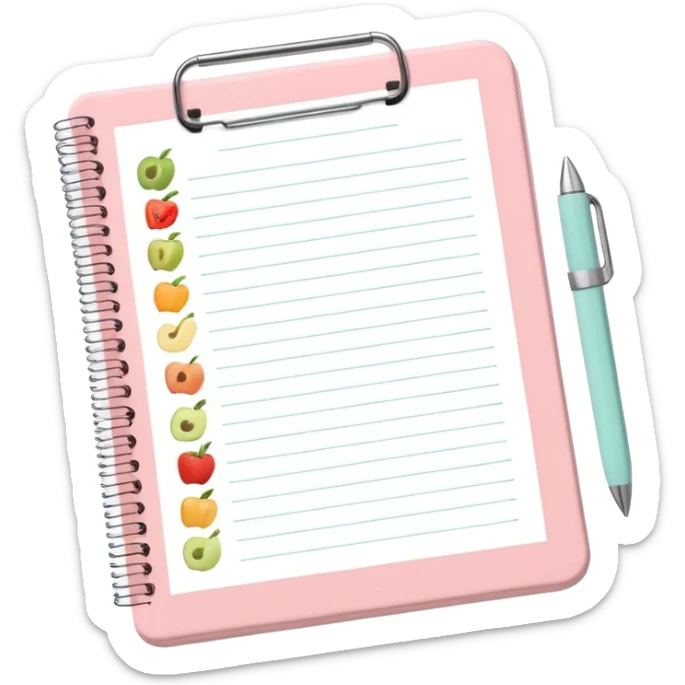 Emoji of checklist notebook with healthy food icons, nutrition planning, flat minimal emoji, pastel colors sticker
