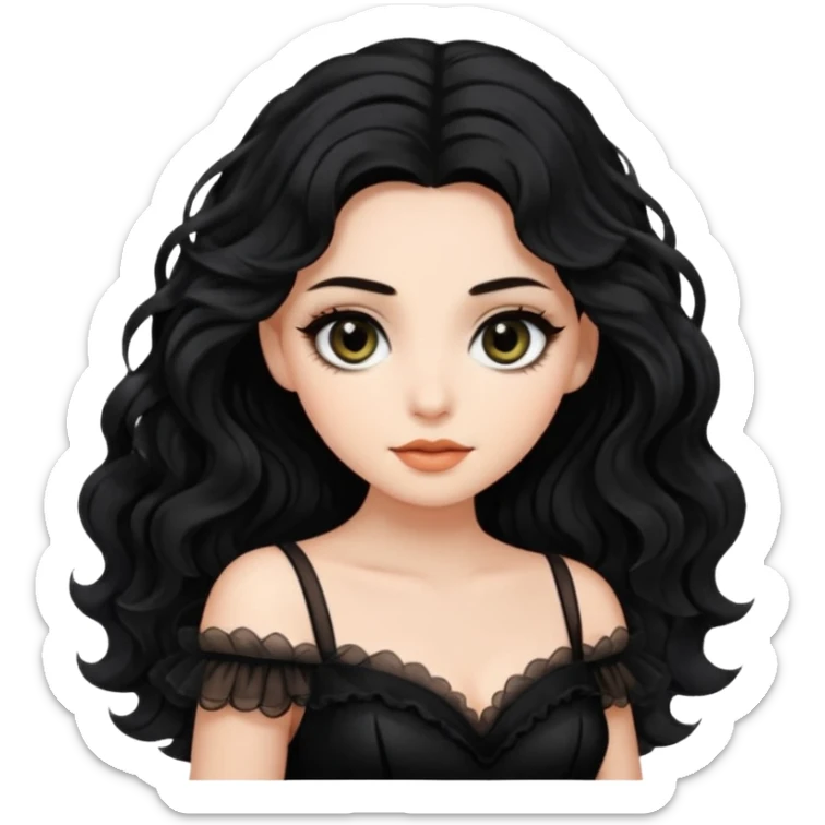 Beyaz tenli siyah tül çok açık elbise giyen siyah dalgalı saçı olan çekik gözlü  sticker