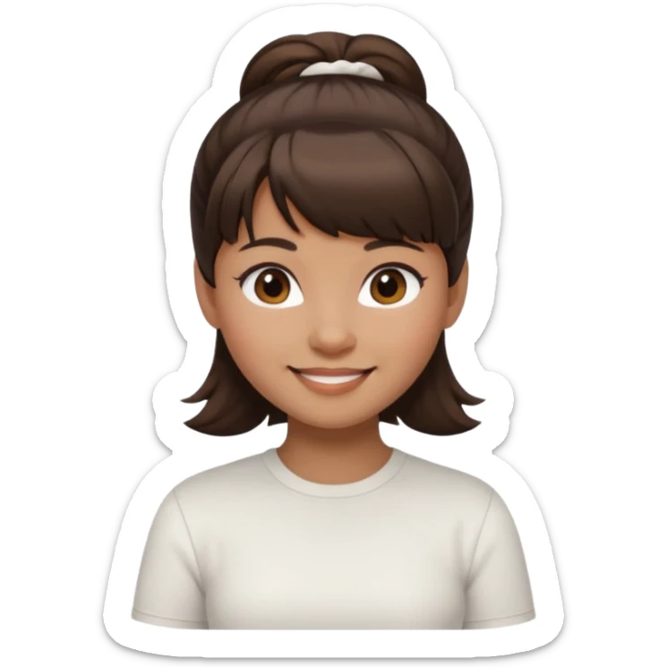 In Apple Memoji format, a girl with dark brown hair. She has bangs and her hair is in a singular high bun. The girl is arab and has light brown skin. She is wearing a white shirt sticker