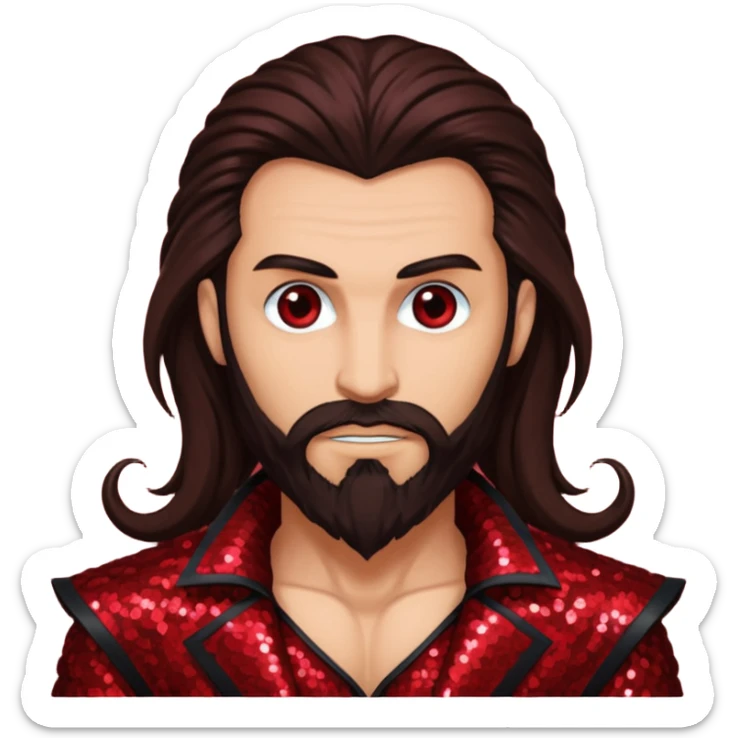 Samael, Venom of God from Gods and Goddesses with tan skin, long dark brown and beard, dark red sequin outfit sticker