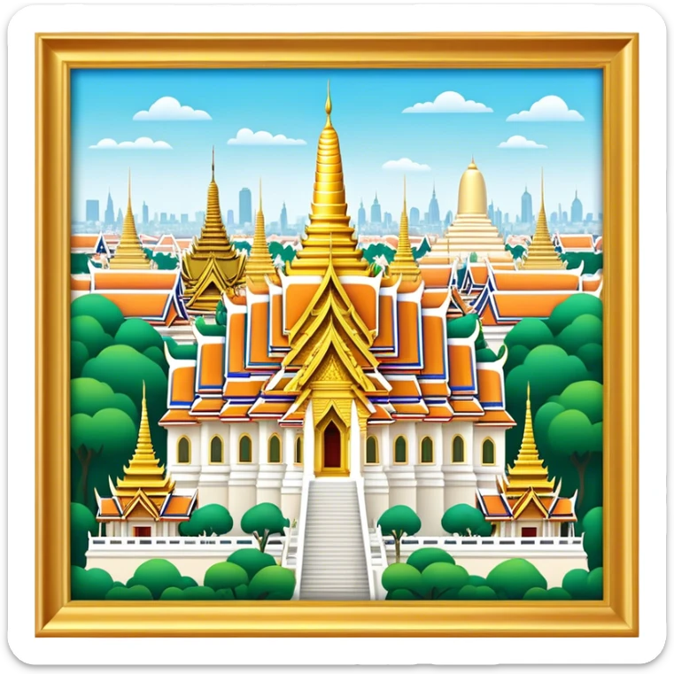 Cinematic Realistic Grand Palace Bangkok Landmark Emoji, showcasing the opulent golden spires, intricate Thai architecture, and the Emerald Buddha Temple set within a vibrant, manicured courtyard. sticker