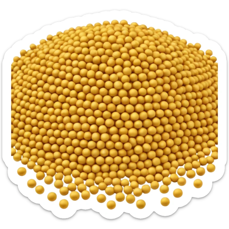 small loosely scattered mound of round mustard seeds in warm golden-yellow tones, each seed smooth tiny spherical with matte finish, varying slightly in shade, organic natural pile, no bowl spoon or extras, soft lighting, subtle shadows, emoji scale sticker