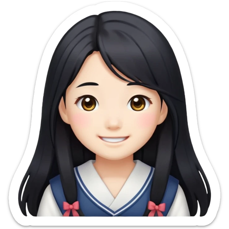 Happy Japanese schoolgirl with long black hair and blushing face sticker